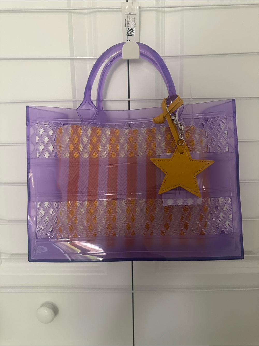 Purple Jelly Tote Bag with Yellow Star Charm and canvas stripe insert bag